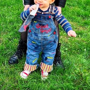 Handmade “Chucky” overalls for baby/toddler Halloween costume